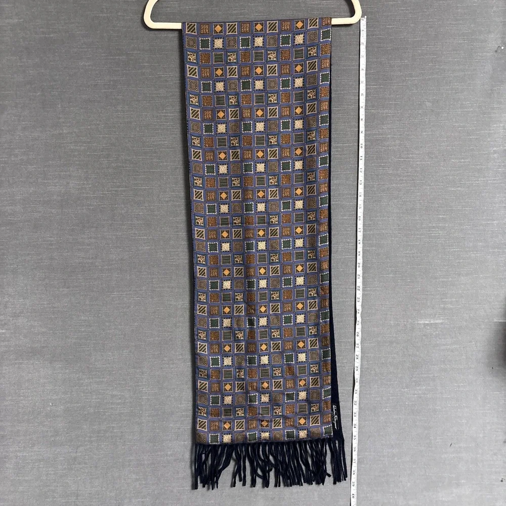 Salvatore‎ Ferragamo Silk Cashmere Winter Scarf Mens Blue Gold Italy Geometric